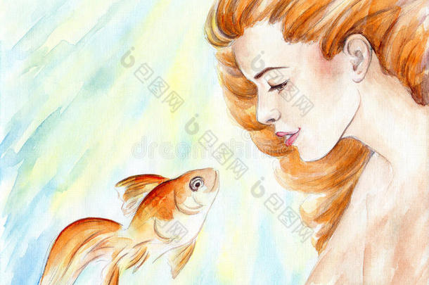 红头发，水中有金鱼的漂亮女孩。水彩