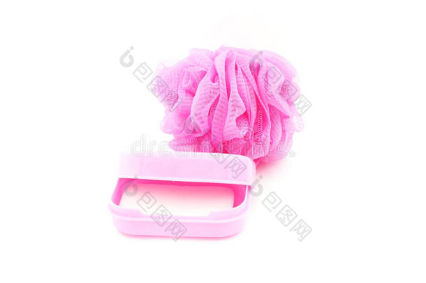 带肥皂和淋浴洗涤器的粉红色肥皂盒