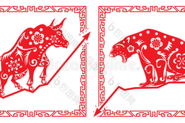 中国剪纸风格的熊与牛