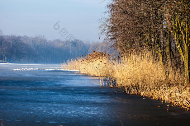 波兰传统的冬季景观，冰冻的湖泊。