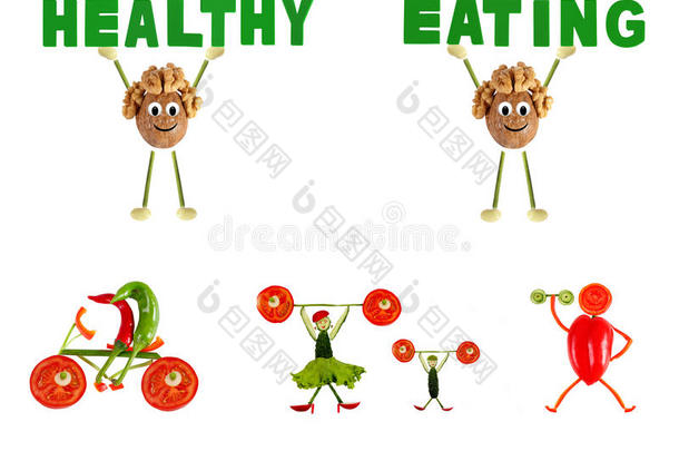 健康饮食。用蔬菜和水果做成的有趣的小人物
