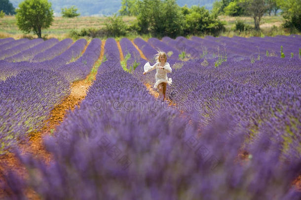 小女孩在紫色的薰衣草地里奔跑跳跃