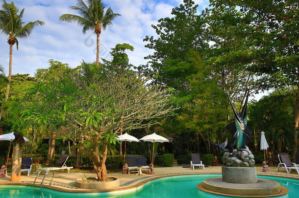 酒店游泳池、海滩和树木、phra ae海滩、ko lanta、泰国