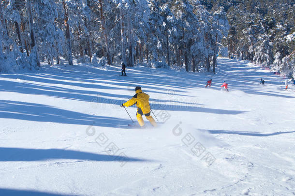 冬季滑雪女子男子滑雪下山，