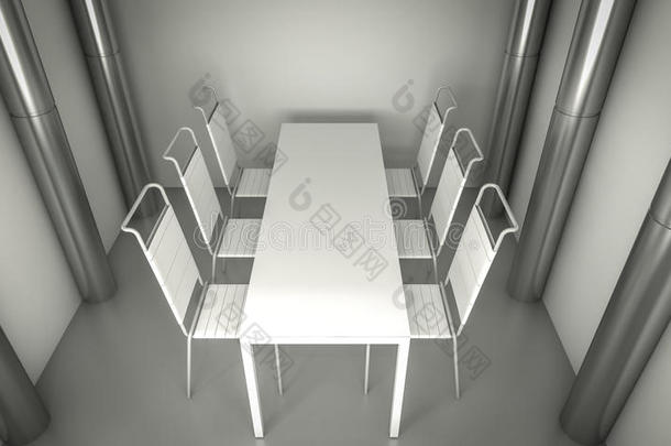 干净的餐厅、椅子和干净空间上方的白色桌子。席尔夫