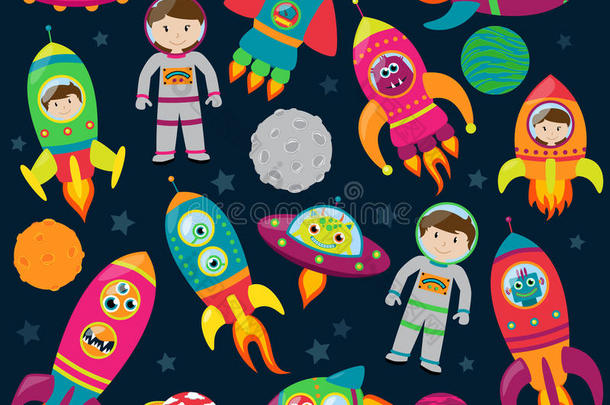 卡通火箭、外星人、机器人、宇航员和行星的矢量集合
