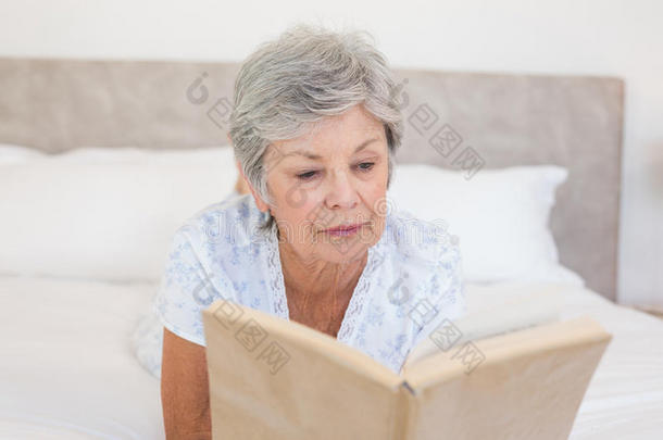 老年妇女在床上读故事书