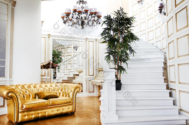 漂亮的老式金色沙发旁边的墙壁（复古风格的插图）