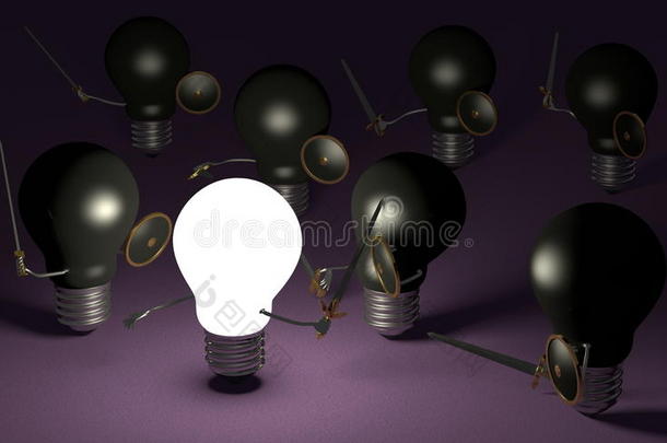 发光灯泡与紫罗兰色上的许多黑色灯泡抗争