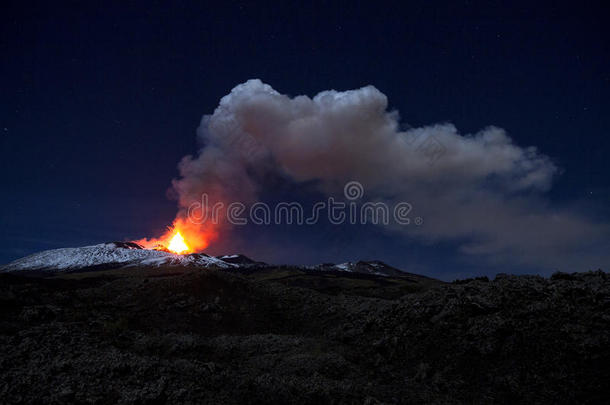 埃特纳火山灰柱夜景