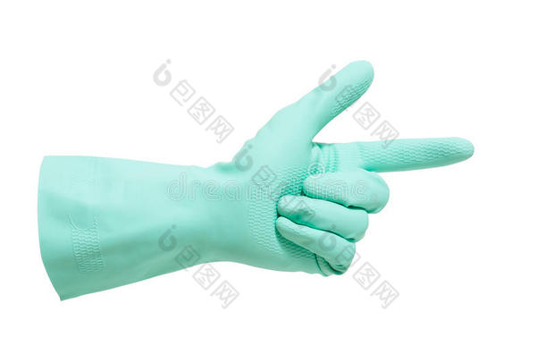 手戴绿手套，手指向某物