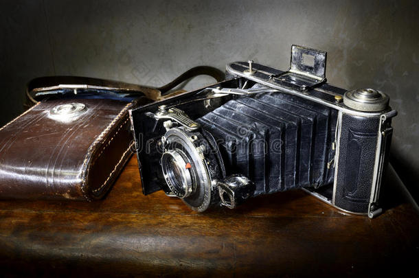 带原装皮套的古董风箱相机
