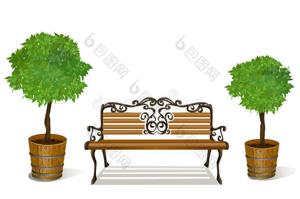 板凳和盆栽树木