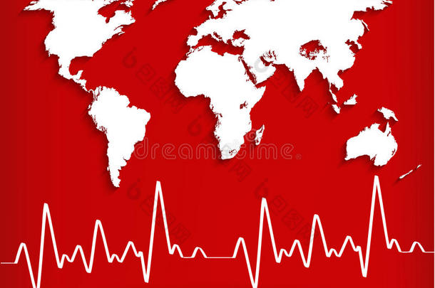 白色世界地图和红色背景下的心跳图