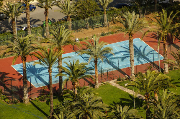 阳光明媚的社区网球场景观