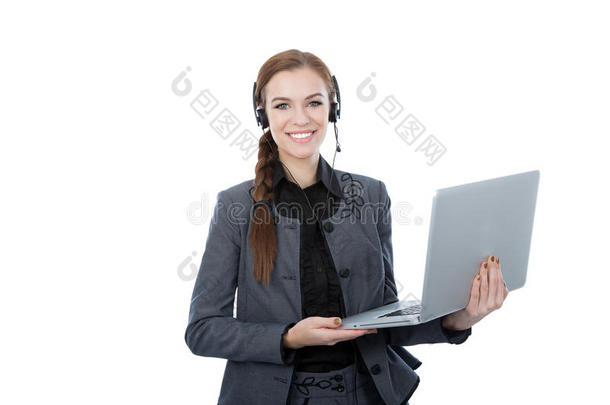 一位漂亮的客服人员手持笔记本电脑的画像