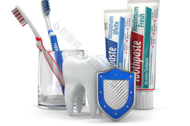 牙齿保护，牙齿，护盾，牙膏和牙刷。
