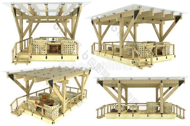 不同视角下白色背景下木制凉棚的三维模型