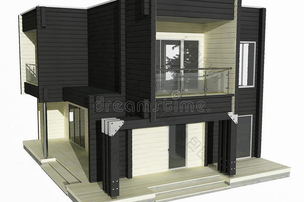 白色背景下黑白木屋的三维模型。