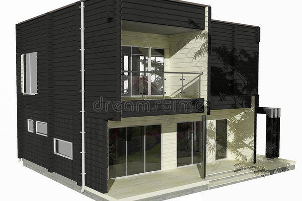 白色背景下黑白木屋的三维模型。