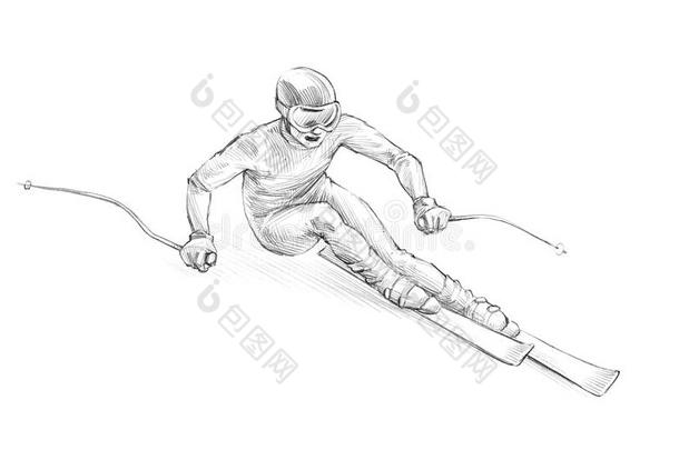 手绘素描，一个高山滑雪者加速下坡的铅笔插图