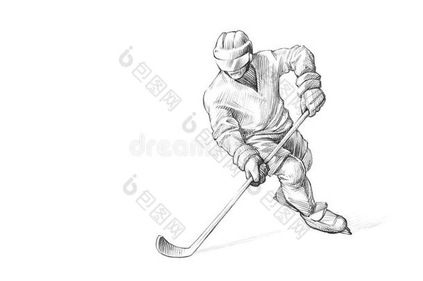 <strong>手绘</strong>草图，冰球运动员铅笔插图