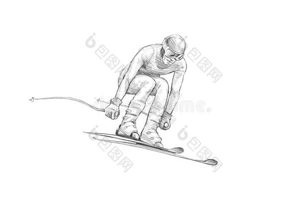 <strong>手绘</strong>素描，铅笔插图的高山滑雪者跳下山