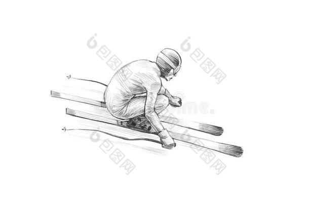 手绘素描，一个高山滑雪者加速下坡的铅笔插图