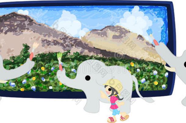 三头大象和一幅大的风景画。
