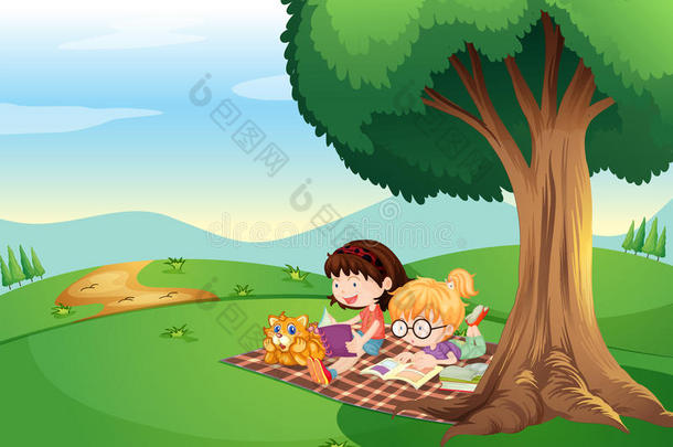 孩子们和猫在树下看书