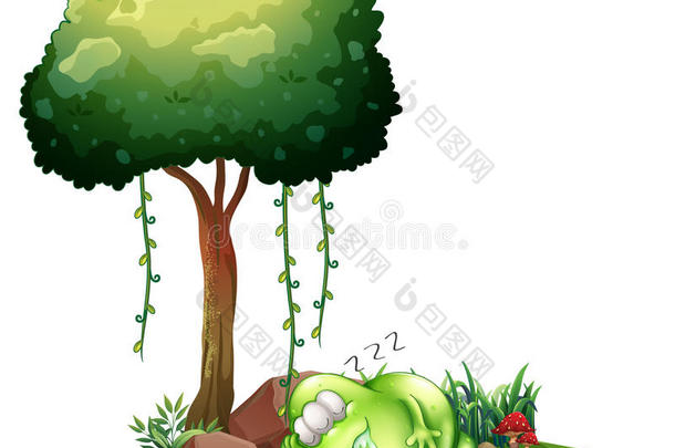 一个胖胖的绿色怪物睡在树下
