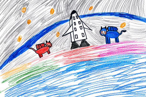 狗宇航员。儿童绘画。