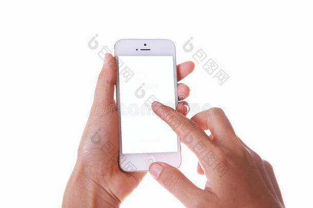 用手握住并触摸白色背景上隔离的智能<strong>手机屏</strong>幕