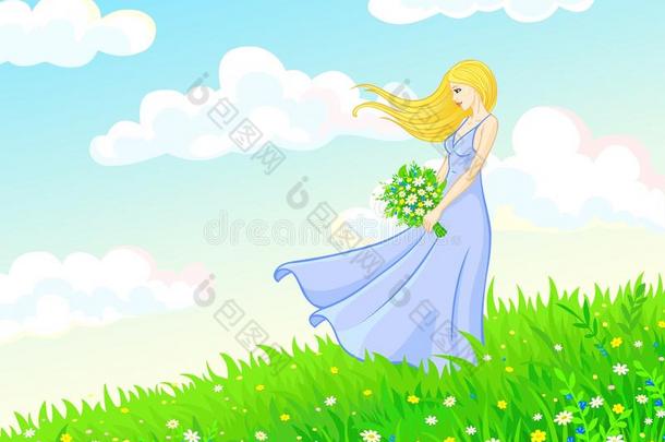 一位年轻女子在夏日的草地上散步