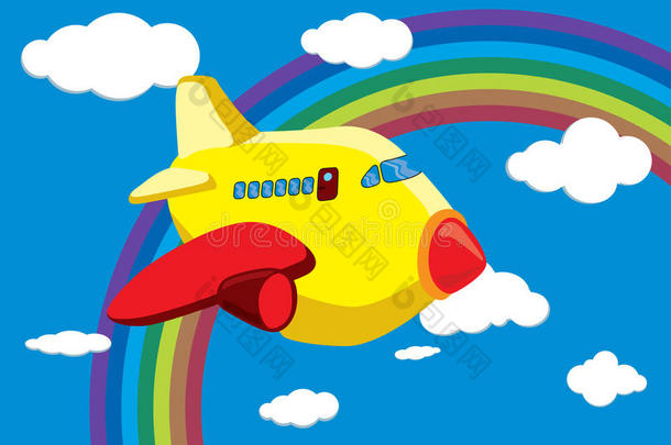 彩虹天空中的卡通飞机-矢量