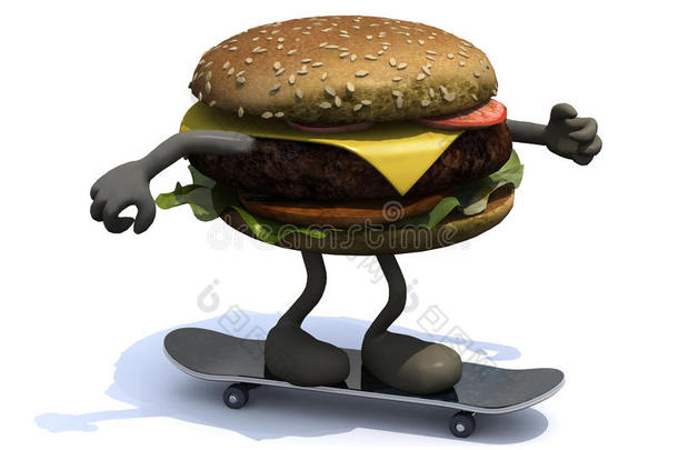 胳膊腿放在滑板上的汉堡