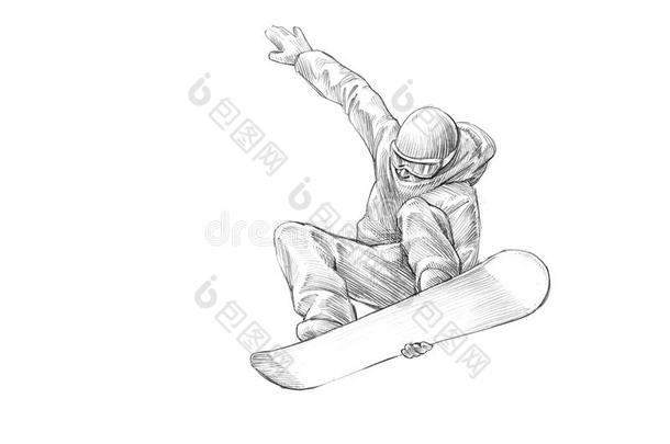 <strong>手绘</strong>素描-铅笔插图的滑雪板中间空气
