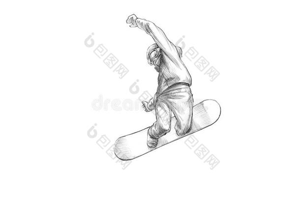 <strong>手绘</strong>素描-铅笔插图的滑雪板中间空气