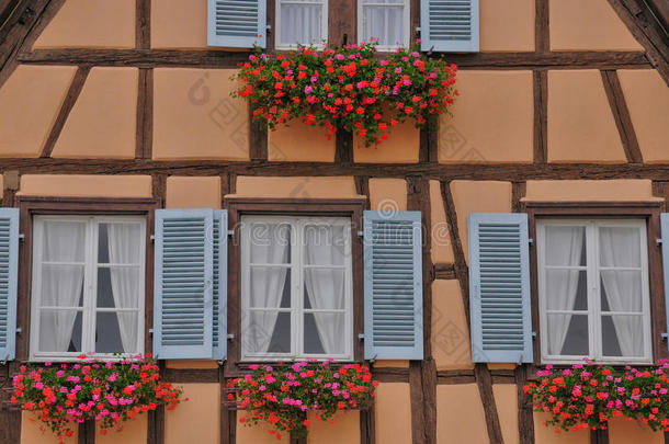 法国，阿尔萨斯的埃圭斯海姆风景如画的老房子