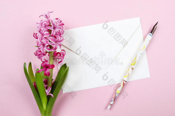 粉红色风信子花，信封和复古钢笔