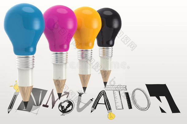 图形文字创新与三维铅笔灯泡