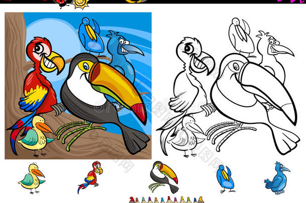 异国情调的鸟类卡通着色页面设置