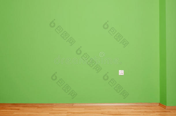 室内有木地板和绿色墙壁，墙壁和木质踢脚板上有电气触点