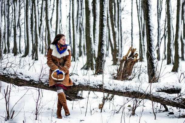 冬天森林里，一个穿着羊皮大衣的美女坐在树枝上