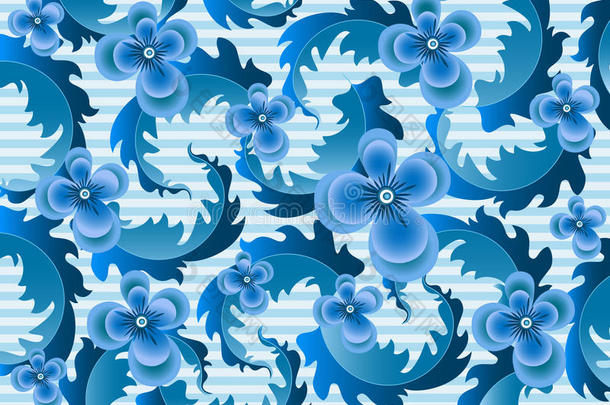 淡蓝色条纹背景上精致的蓝色花朵