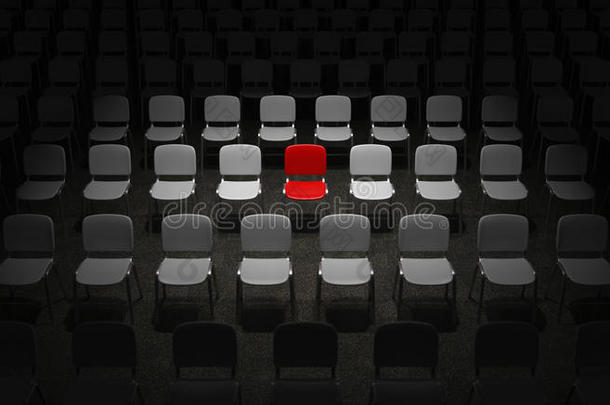 一排排椅子，一把红色的椅子很显眼