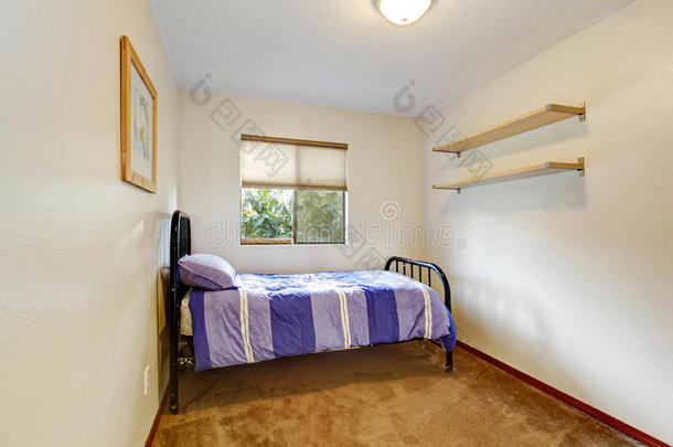 带一张旧金属框架床的小矩形卧室