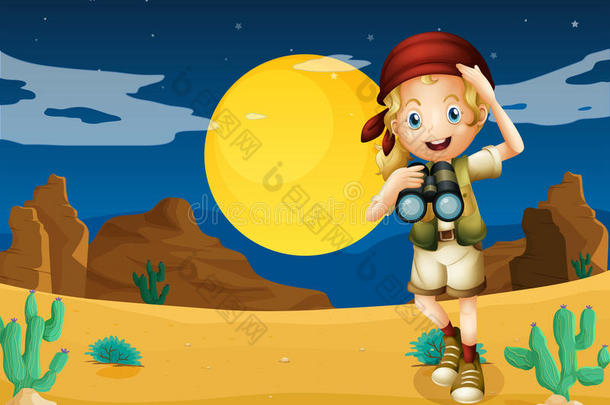 沙漠里拿着望远镜的女孩