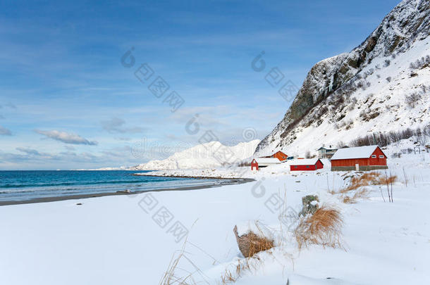 挪威雪地海滩上的红房子