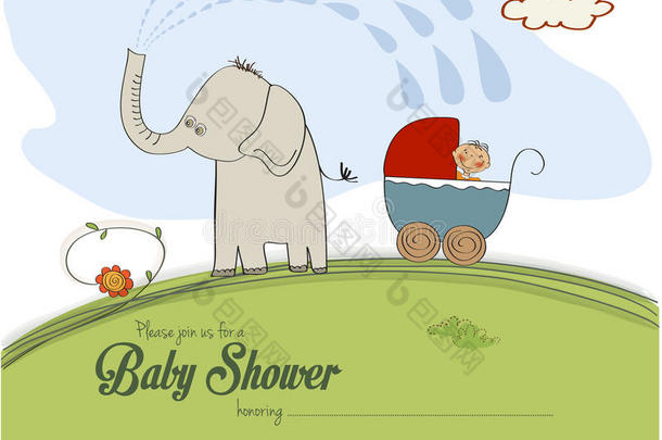 婴儿淋浴卡，婴儿车里的男孩被大象喷过